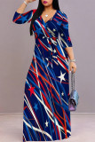 Red Blue Casual Street Geometric Print The stars Lace Up Contrast V Neck Printed Dresses