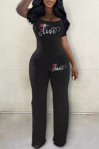 Black Casual Letters Patchwork Hot Drill U Neck Short Sleeve Two Pieces
