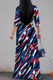 Red Blue Casual Street Geometric Print The stars Lace Up Contrast V Neck Printed Dresses
