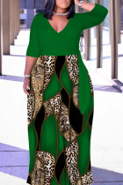 Green Casual Print Patchwork Belted V Neck Long Dresses