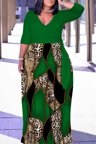 Green Casual Print Patchwork Belted V Neck Long Dresses