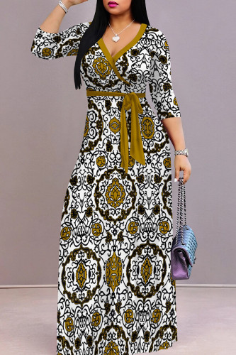 White Gold Casual Print Patchwork Strap Design V Neck Long Dresses