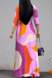 Blue Pink Casual Street Geometric Print With Belt Contrast V Neck Printed Dresses