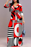 Red Casual Street Daily Geometric Print With Belt Contrast V Neck Printed Dresses