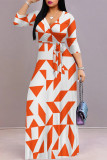 Orange Purple Casual Street Geometric Print With Belt Contrast V Neck Printed Dresses