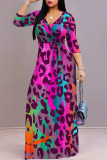 Blue Casual Street Leopard Print Lace Up Contrast V Neck Printed Dresses