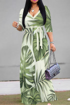 Green Street Daily Leaf Print Lace Up Contrast V Neck Printed Dresses