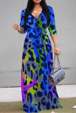 Blue Casual Street Leopard Print Lace Up Contrast V Neck Printed Dresses