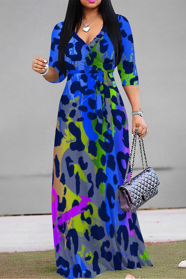 Blue Casual Street Leopard Print Lace Up Contrast V Neck Printed Dresses