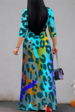 Blue Casual Street Leopard Print Lace Up Contrast V Neck Printed Dresses