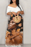 Apricot Casual Street Figure Print Off Shoulder Printed Dresses