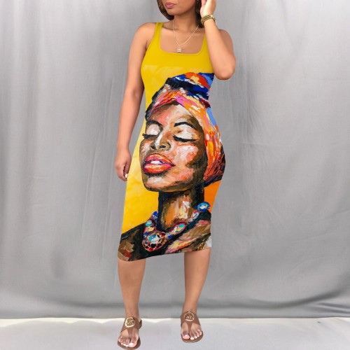Yellow Street Print Patchwork Square Neck Wrapped Skirt Dresses