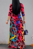 Blue Casual Street Leopard Print Lace Up Contrast V Neck Printed Dresses