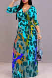 Blue Casual Street Leopard Print Lace Up Contrast V Neck Printed Dresses