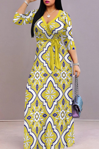 Yellow Casual Print Patchwork Strap Design V Neck Long Dresses