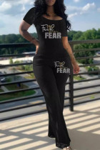 Black Casual Letters Patchwork Hot Drill U Neck Short Sleeve Two Pieces