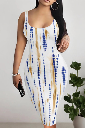 Blue Sexy Geometric Print Contrast U Neck Printed Dresses