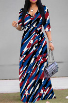 Red Blue Casual Street Geometric Print The stars Lace Up Contrast V Neck Printed Dresses