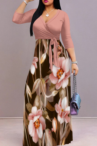 Yellow Pink Casual Print Patchwork Strap Design V Neck Long Dresses