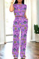 Purple Casual Daily Graffiti Print Pocket Contrast O Neck Short Sleeve Two Pieces