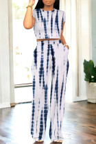 Blue White Casual Daily Graffiti Print Pocket Contrast O Neck Short Sleeve Two Pieces