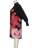 Black Casual Print Hollow Out Patchwork O Neck Straight Plus Size Dresses