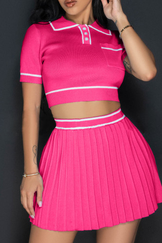 Rose Red Sexy Pocket Buckle Patchwork Pleated Contrast Turndown Collar Short Sleeve Two Pieces