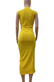 Yellow Celebrities Solid Color Patchwork Slit O Neck Long Dresses
