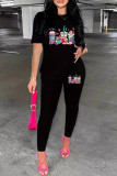 Black Casual Print Patchwork O Neck Short Sleeve Two Pieces