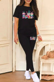 Black Casual Print Patchwork O Neck Short Sleeve Two Pieces