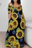Black Sexy Floral Print Pocket Contrast Off Shoulder Printed Dresses