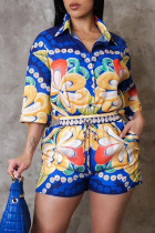 Blue Casual Print Draw String Pocket Buckle Patchwork Turndown Collar Half Sleeve Two Pieces