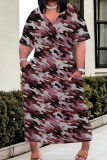 Orange Red Casual Camouflage Print Patchwork V Neck Straight Plus Size Dresses