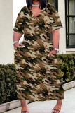 Orange Red Casual Camouflage Print Patchwork V Neck Straight Plus Size Dresses