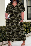 Orange Red Casual Camouflage Print Patchwork V Neck Straight Plus Size Dresses