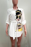 White Casual Print Buckle Patchwork Strap Design Turndown Collar Tops
