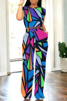 Multicolor Casual Daily Graffiti Print Pocket Contrast O Neck Short Sleeve Two Pieces