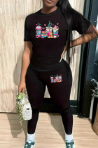 Black Casual Print Patchwork O Neck Short Sleeve Two Pieces