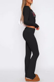 Black Casual Letters Patchwork Hot Drill O Neck Long Sleeve Two Pieces