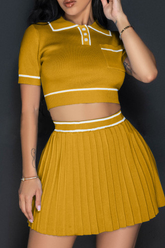 Ginger Sexy Pocket Buckle Patchwork Pleated Contrast Turndown Collar Short Sleeve Two Pieces