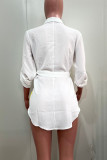 White Casual Print Buckle Patchwork Strap Design Turndown Collar Tops
