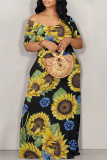 Black Sexy Floral Print Pocket Contrast Off Shoulder Printed Dresses
