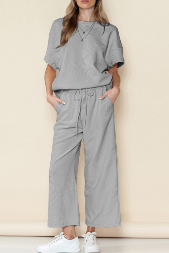 Grey Casual Solid Color Draw String Pocket Patchwork O Neck Half Sleeve Two Pieces