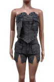 Black Sexy Solid Color Pocket Buttons Patchwork Zipper Strapless Sleeveless Two Pieces