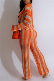 Blue Casual Stripe Patchwork Contrast Turndown Collar Long Sleeve Two Pieces