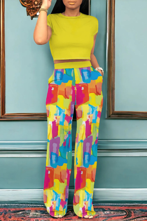 Yellow Casual Geometric Print Pocket Contrast O Neck Short Sleeve Two Pieces