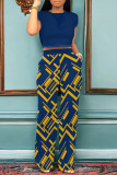 Blue Casual Geometric Print Pocket Contrast O Neck Short Sleeve Two Pieces