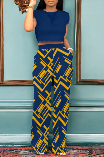 Blue Casual Geometric Print Pocket Contrast O Neck Short Sleeve Two Pieces