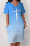 Light Blue Casual Gradient Print Letter Print Pocket Contrast V Neck Printed Plus Size Dresses