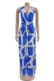 Blue Casual Print Backless Regular Jumpsuits